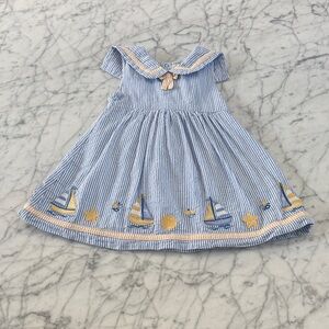 Jojo Maman Bebe Seersucker Embroidered Sailboat Dress Sz 6-12 Months